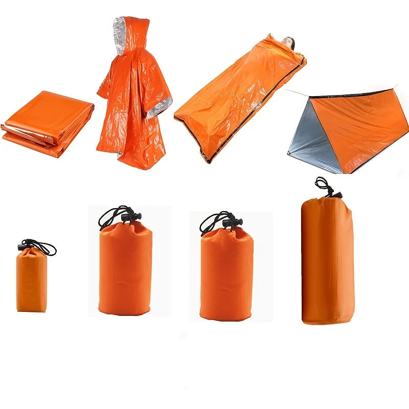 4 pcs outdoor emergency tent+sleeping bag+raincoat+first aid blanket bundle pocket set suitable for outdoor camping and hiking