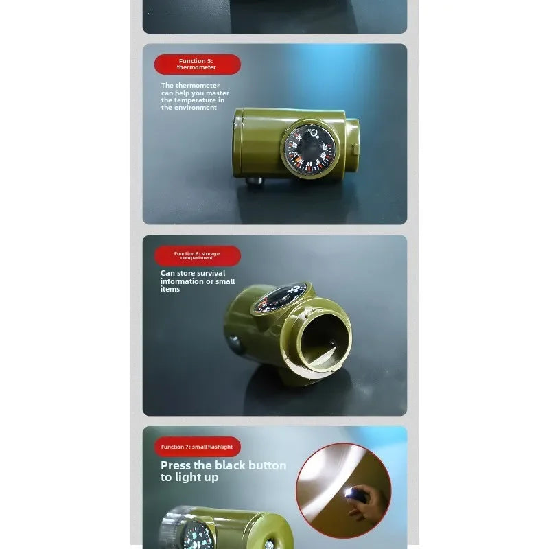 Outdoor Survival Equipment Whistle Multifunctional Portable Emergency Compass Magnifying Glass Flashlight Thermometer