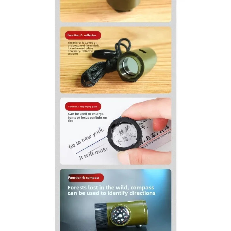 Outdoor Survival Equipment Whistle Multifunctional Portable Emergency Compass Magnifying Glass Flashlight Thermometer