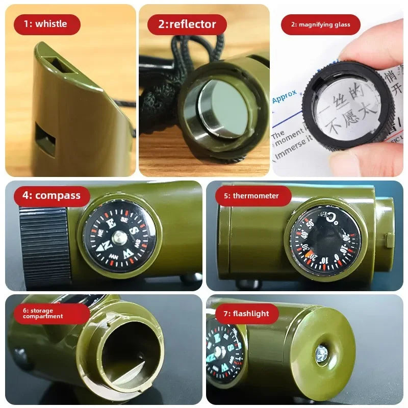 Outdoor Survival Equipment Whistle Multifunctional Portable Emergency Compass Magnifying Glass Flashlight Thermometer
