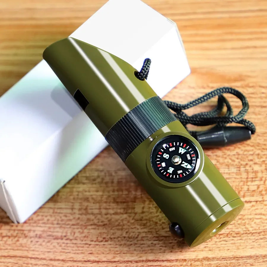 Outdoor Survival Equipment Whistle Multifunctional Portable Emergency Compass Magnifying Glass Flashlight Thermometer