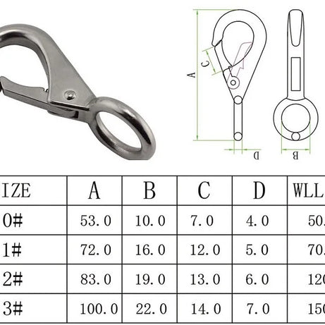 1PCS Heavy Duty Stainless Steel 304 Spring Snap Hook Fixed Eye Clip Carabiner Universal Marine Clip Dock Hardware
