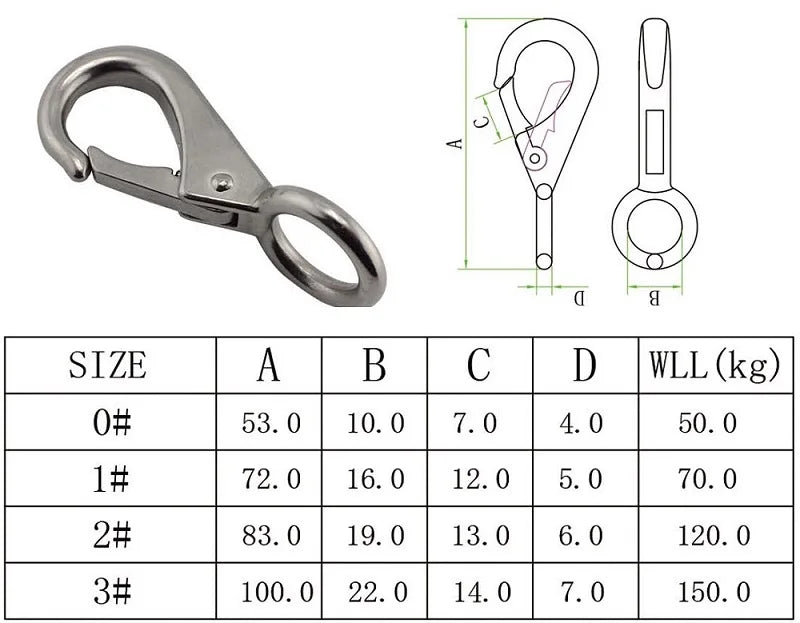 1PCS Heavy Duty Stainless Steel 304 Spring Snap Hook Fixed Eye Clip Carabiner Universal Marine Clip Dock Hardware