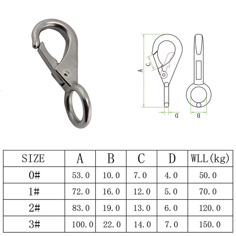 1PCS Heavy Duty Stainless Steel 304 Spring Snap Hook Fixed Eye Clip Carabiner Universal Marine Clip Dock Hardware