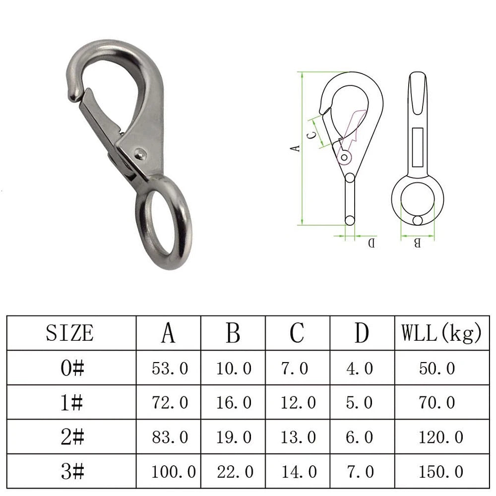 1PCS Heavy Duty Stainless Steel 304 Spring Snap Hook Fixed Eye Clip Carabiner Universal Marine Clip Dock Hardware