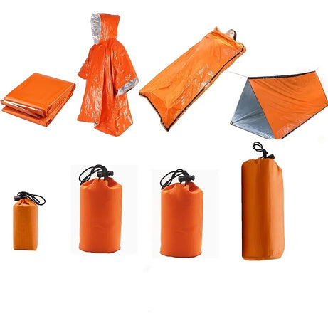 4 pcs outdoor emergency tent+sleeping bag+raincoat+first aid blanket bundle pocket set suitable for outdoor camping and hiking