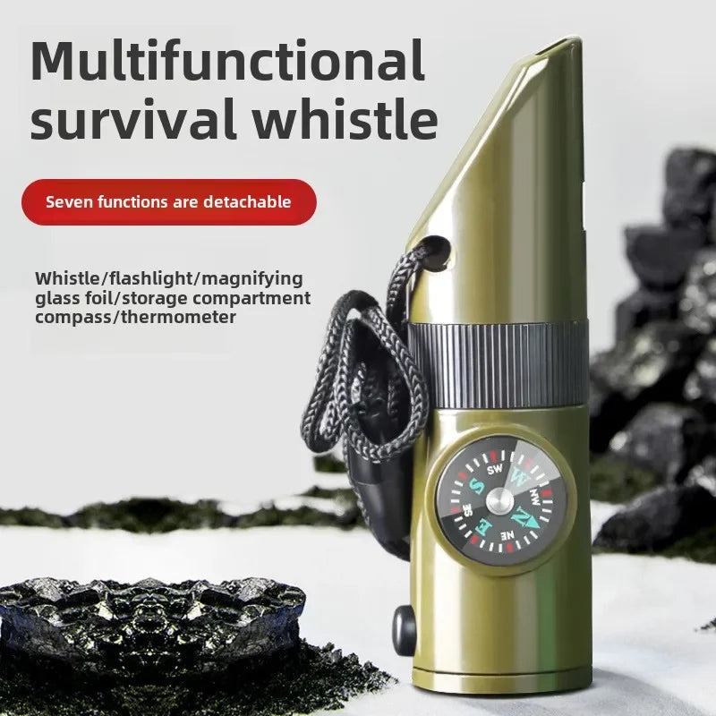 Outdoor Survival Equipment Whistle Multifunctional Portable Emergency Compass Magnifying Glass Flashlight Thermometer