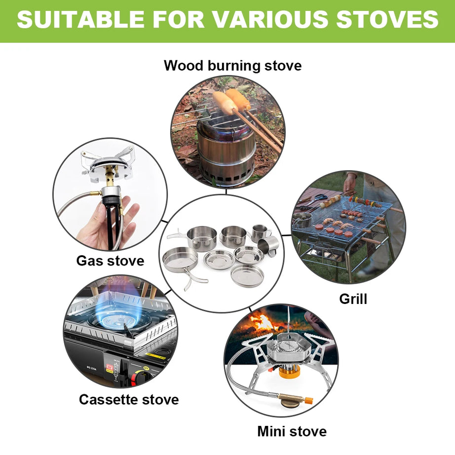 8pcs/Set Camping Cookware Mess Kit Stainless Steel Cooking Pot and Pan Set with Plates Cups for Outdoor Hiking Backpacking