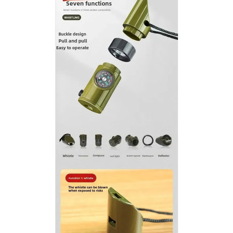 Outdoor Survival Equipment Whistle Multifunctional Portable Emergency Compass Magnifying Glass Flashlight Thermometer
