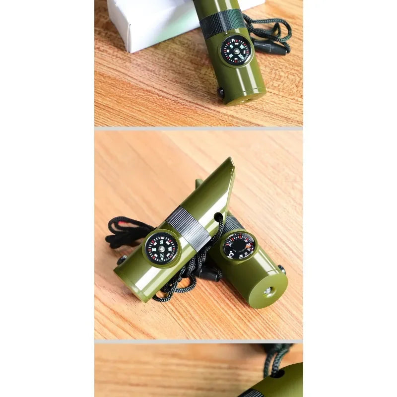 Outdoor Survival Equipment Whistle Multifunctional Portable Emergency Compass Magnifying Glass Flashlight Thermometer