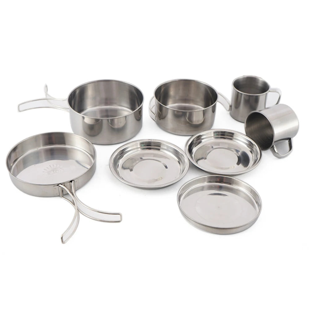 8pcs/Set Camping Cookware Mess Kit Stainless Steel Cooking Pot and Pan Set with Plates Cups for Outdoor Hiking Backpacking