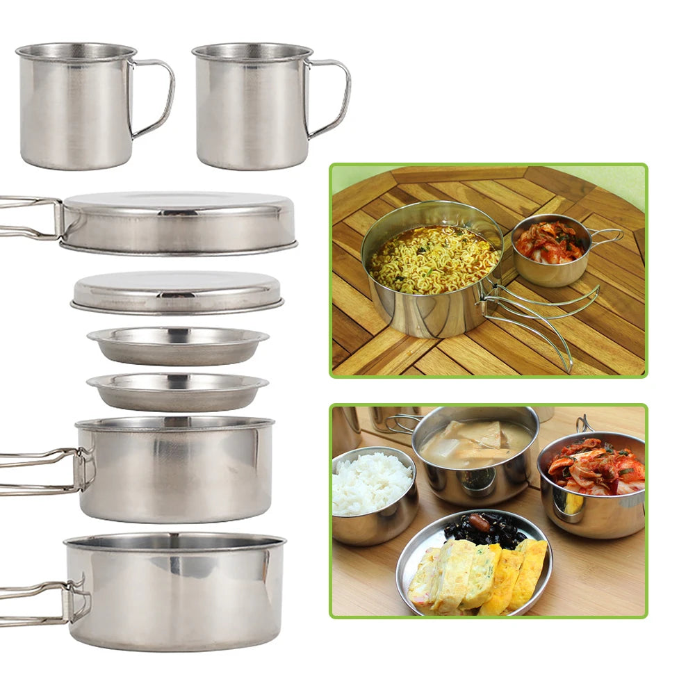 8pcs/Set Camping Cookware Mess Kit Stainless Steel Cooking Pot and Pan Set with Plates Cups for Outdoor Hiking Backpacking