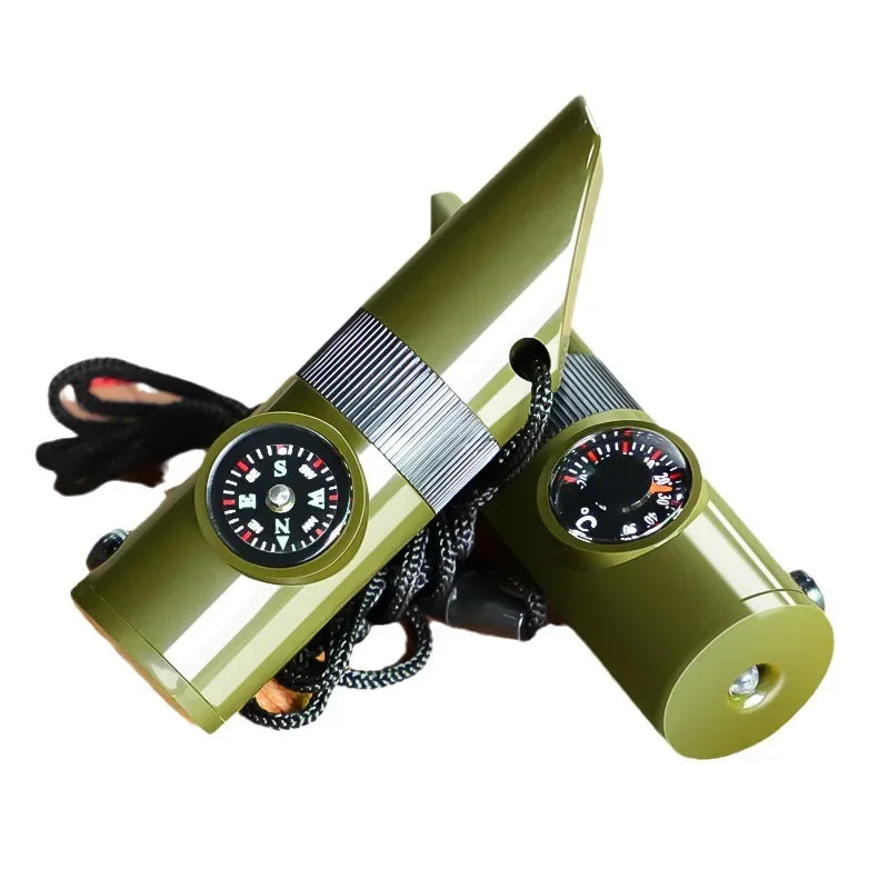 Outdoor Survival Equipment Whistle Multifunctional Portable Emergency Compass Magnifying Glass Flashlight Thermometer